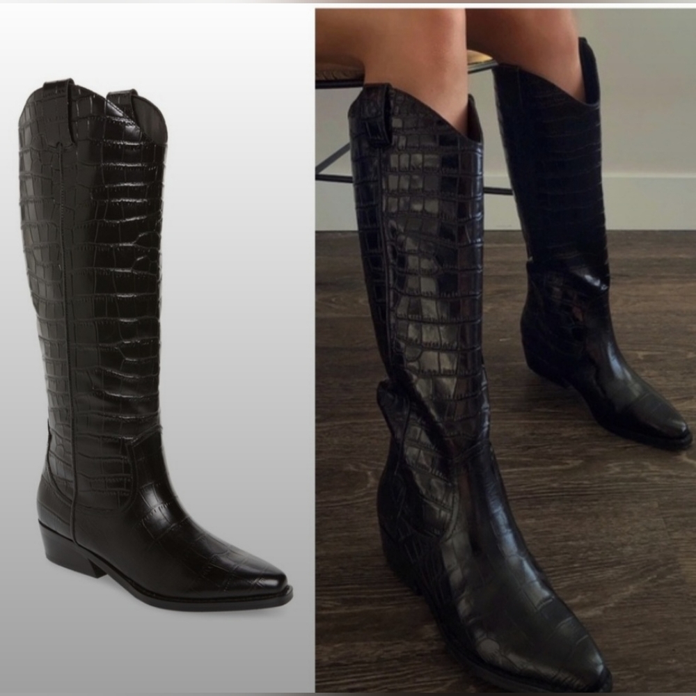 COPY - Marc Fisher Haze Croc Western Boot Black Leather 7 NEW wo Box pointed toe